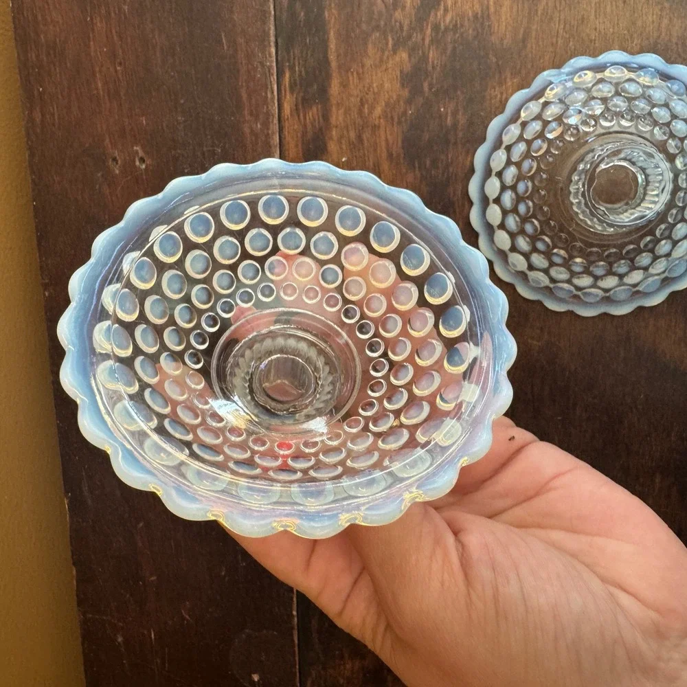 Pair (2) Vintage Opalescent Hobnail Candle Holders Clear‎ Glass Candlestick